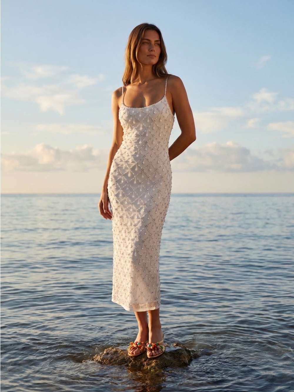 OCEANUS Calliope Luxury Crystal Maxi Party Dress White